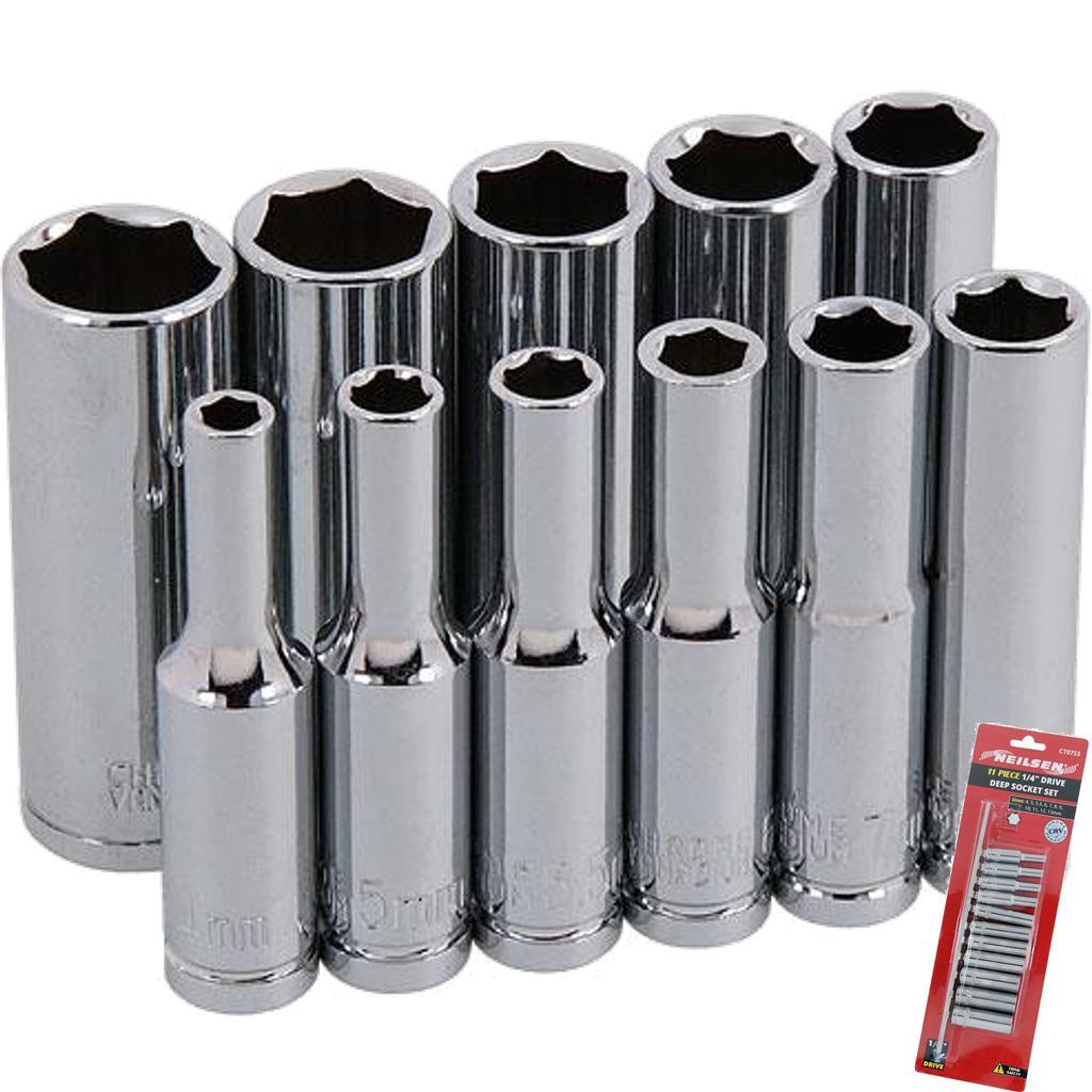 Neilsen 11pc 1/4″ Metric Long Reach Deep Sockets 4mm – 13mm Set With Rail
