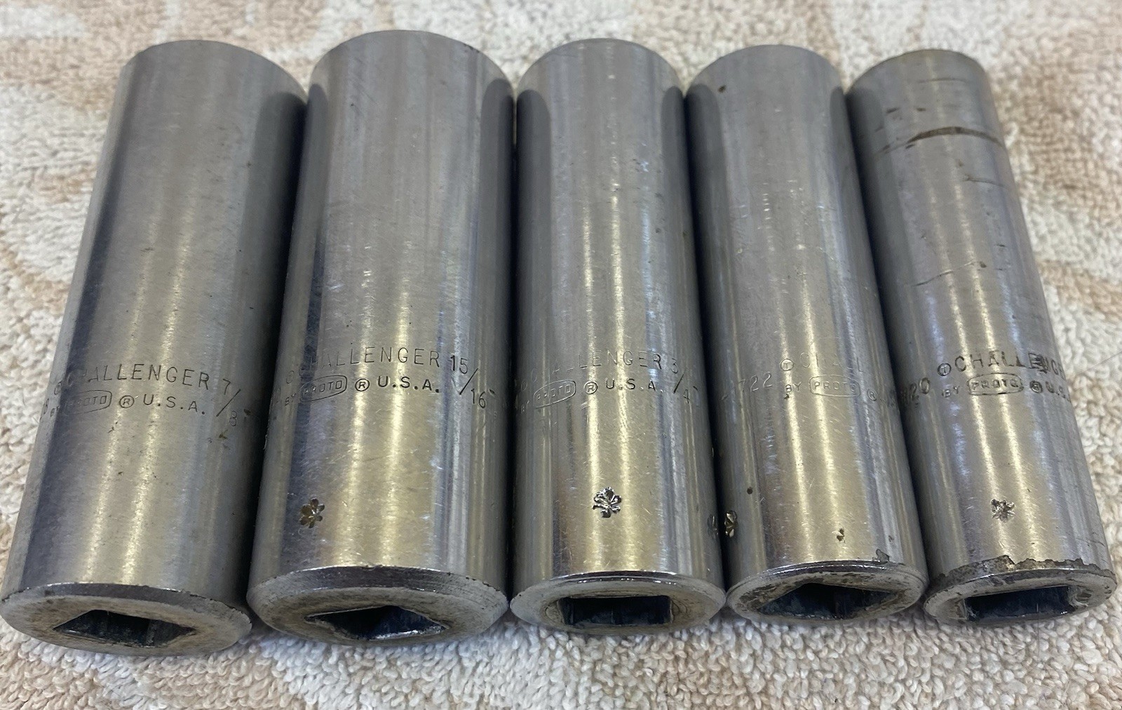 Lot Of 5 – Proto Challenger 1/2” Drive Deep Sockets 15/16 – 5/8 Inch USA SAE