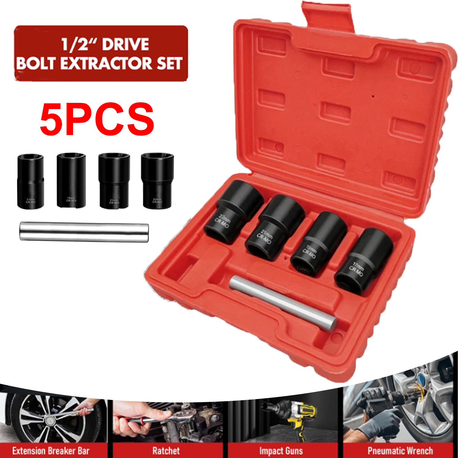 5pcs 1/2″ Drive Twist Socket Set Damaged Worn Lug Nut & Lock Remover 17 – 22mm