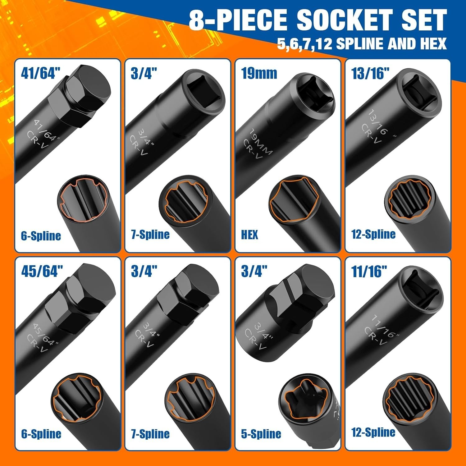 Durable 8-Piece Spline Lug Nut Key Kit – Chrome Vanadium Steel for Custom Rims