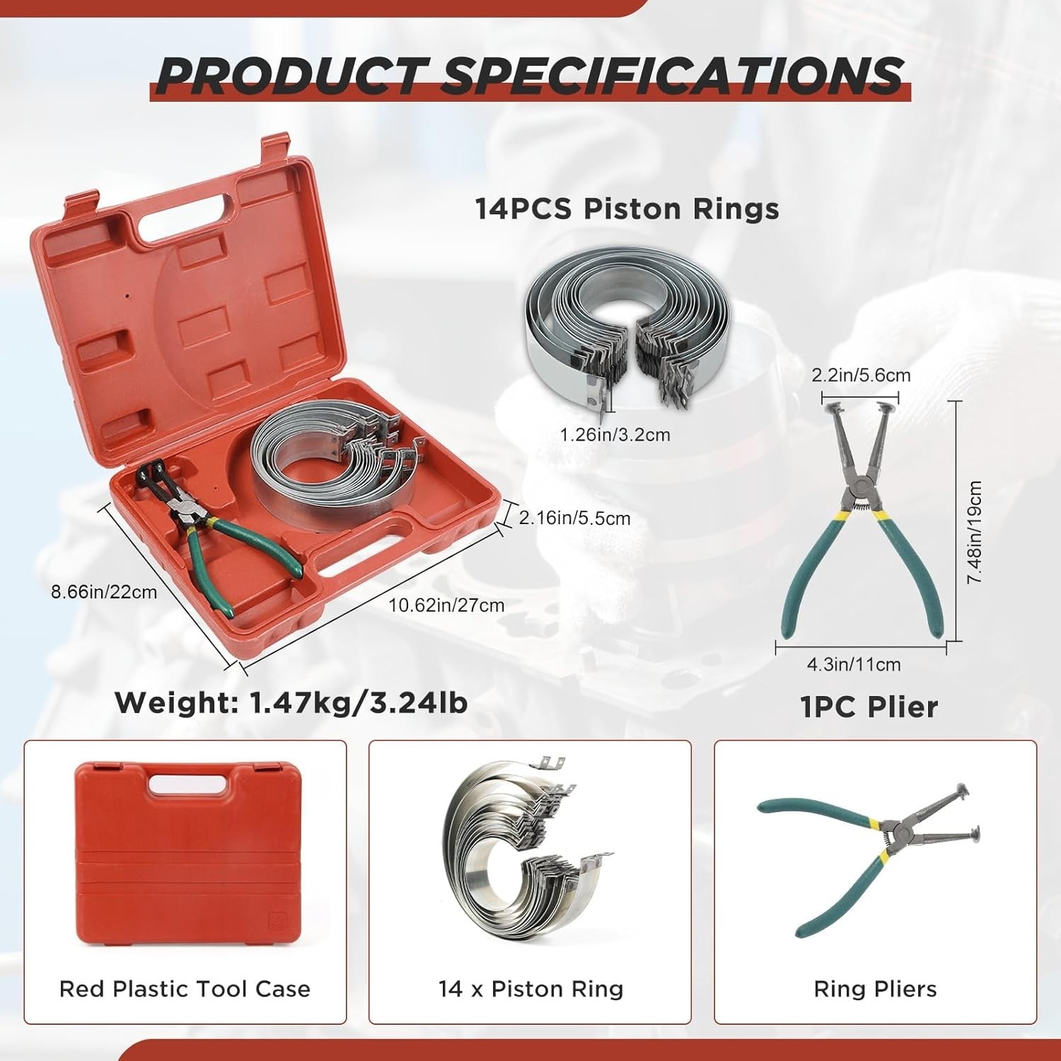 Piston Ring Compressor Tool Set for Cylinder Installation with 14 Rings Included