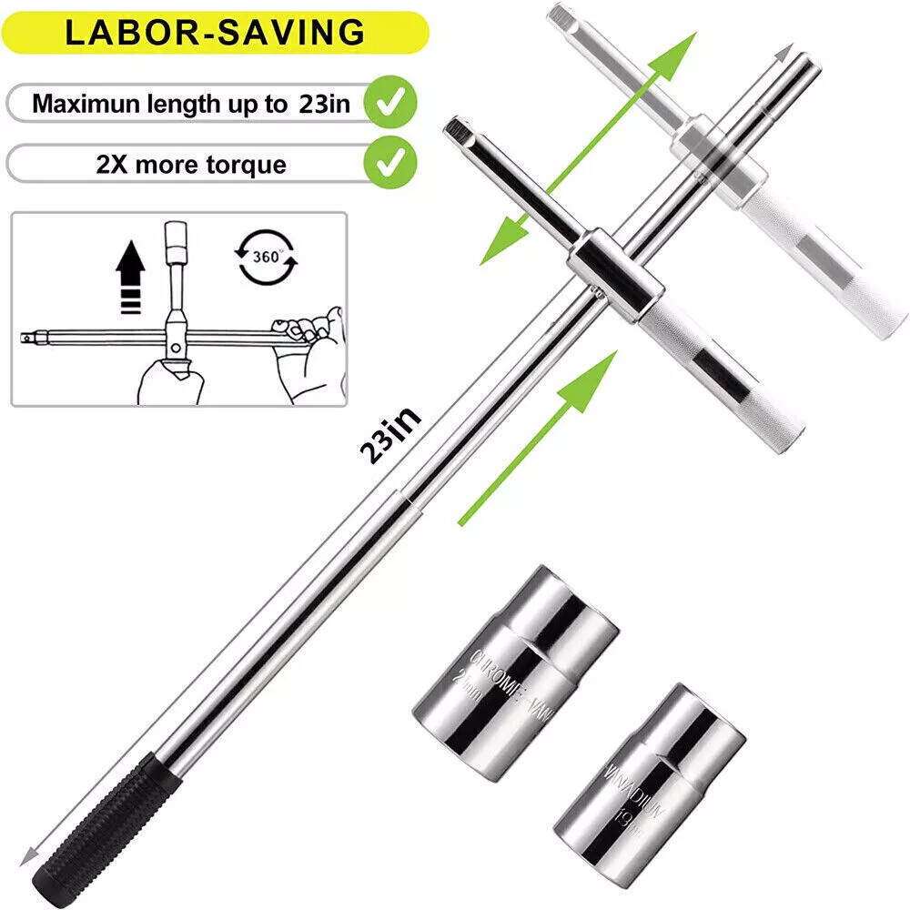 Universal 23″ Extended Lug Wrench 4 Way Tire Iron Nut Wrench Set With Socket