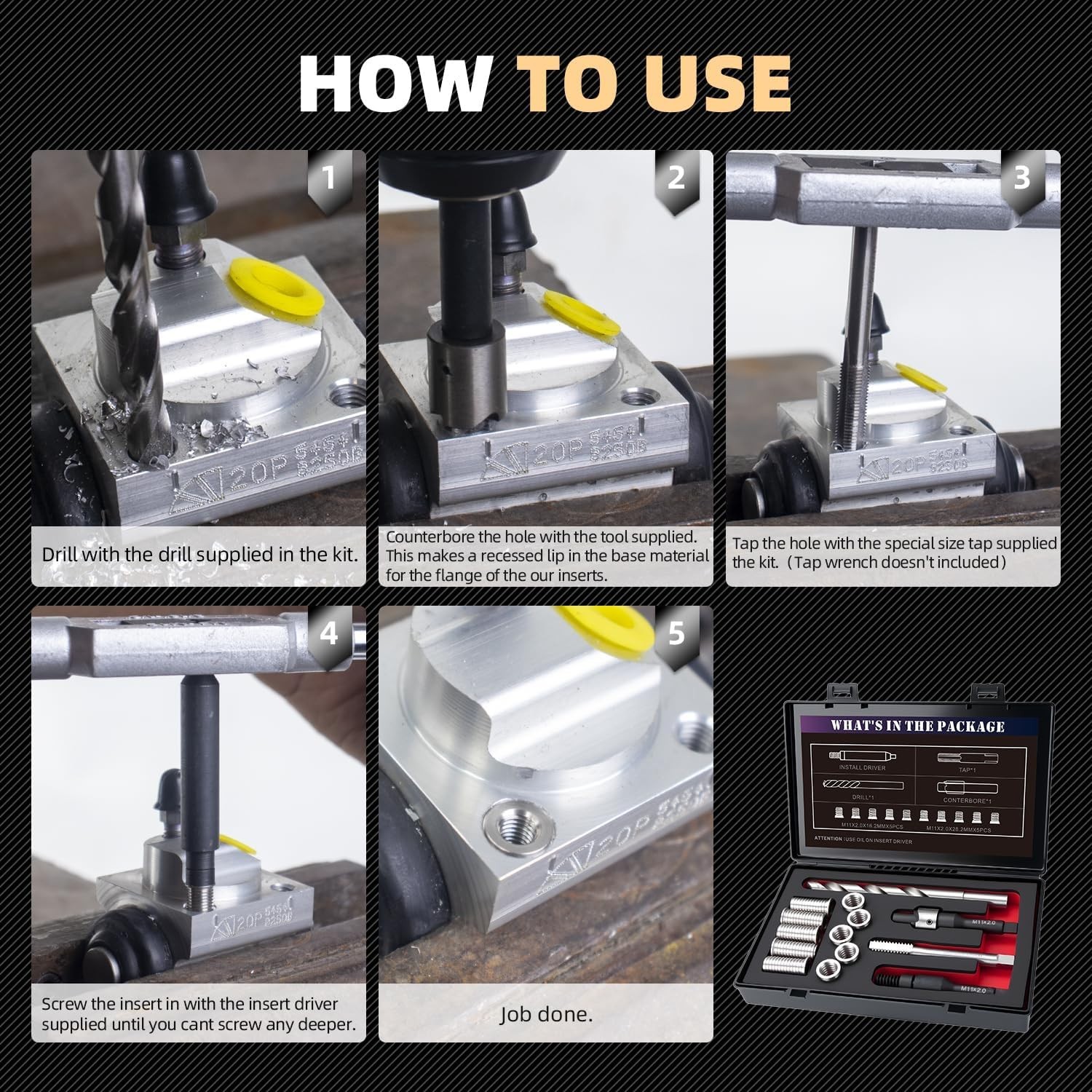 M11X2.0 Metric Thread Repair Kit with Insert HSS Drill, Tap, Installation Driver