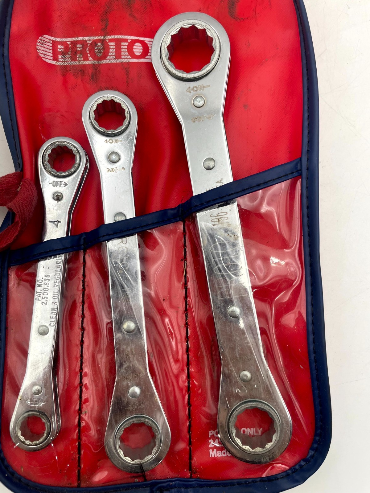 Vintage Set of 3 Proto Tools 2,500,835 Ratchet Wrench Silver Polished Chrome