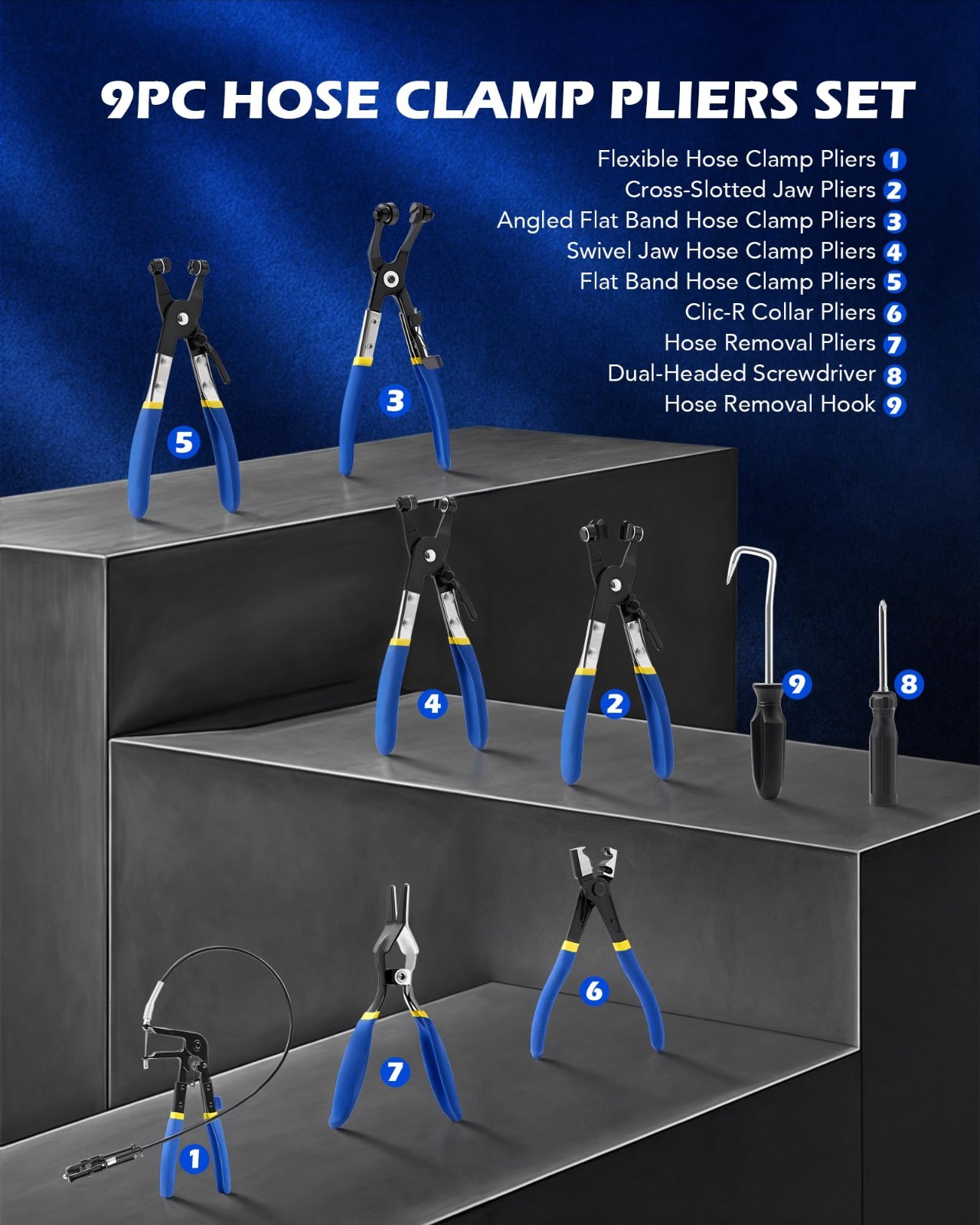9pcs Hose Clamp Pliers Set for Fuel, Oil & Water Hoses – Long Reach Remover Kit