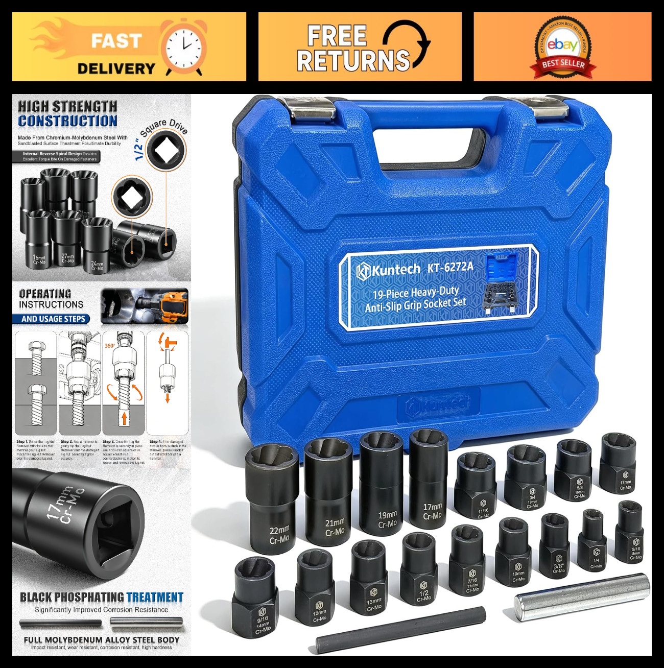 19pcs Metric Bolt Nut Extractor Set 8-22mm, Impact Lug Nut Removal Tool Kit