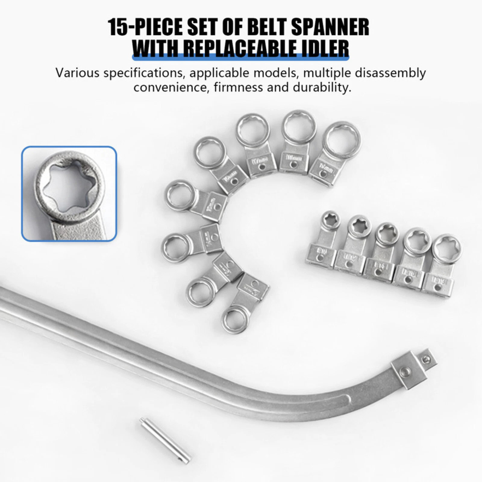 15PC Auxiliary Belt Tensioner Pulley Wrench 12-19mm Screw Removal Tool E10-18