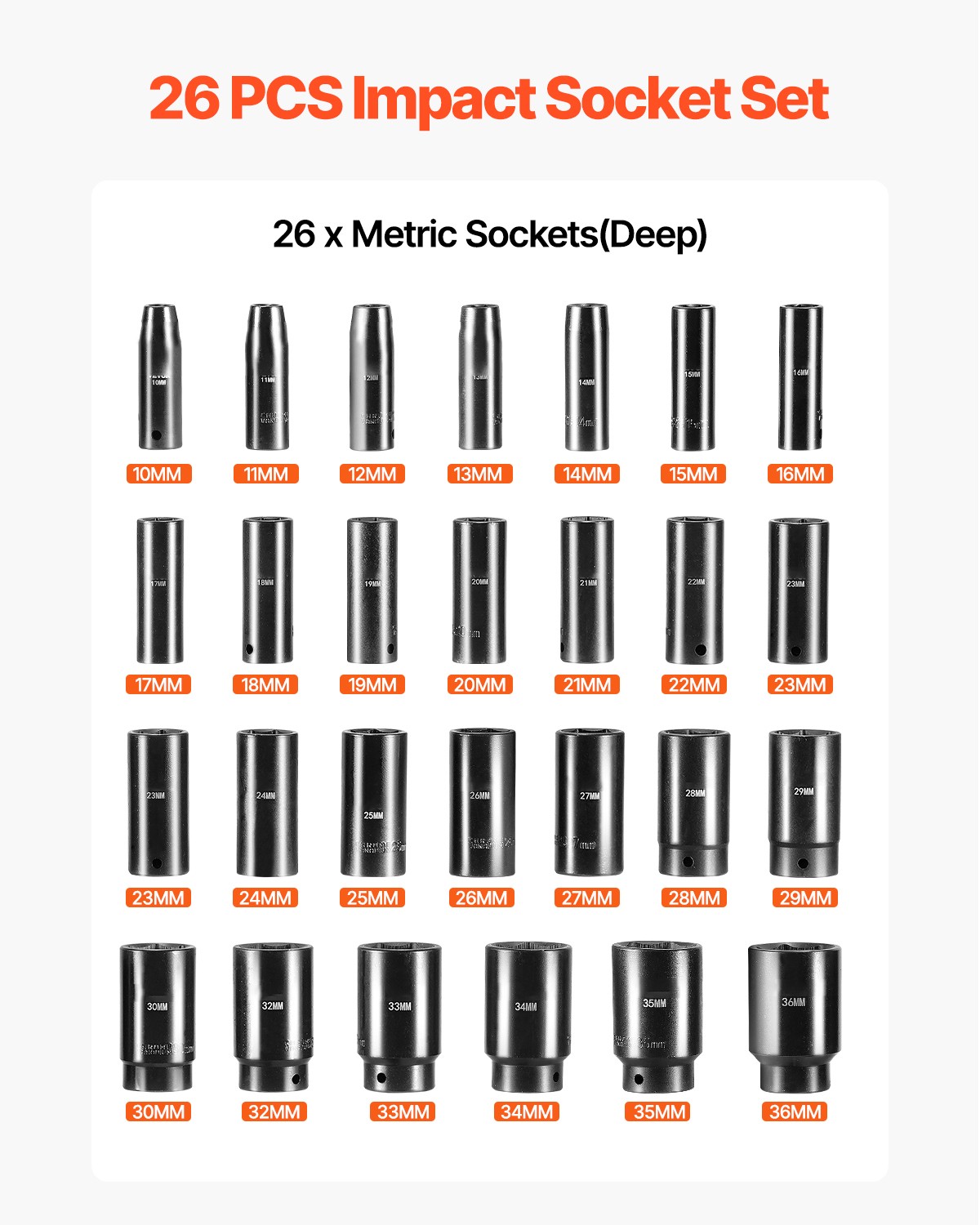 VEVOR Impact Sockets Set 1/2Inch Drive 26 PCS Metric 10mm-36mm Deep 6-Point Set