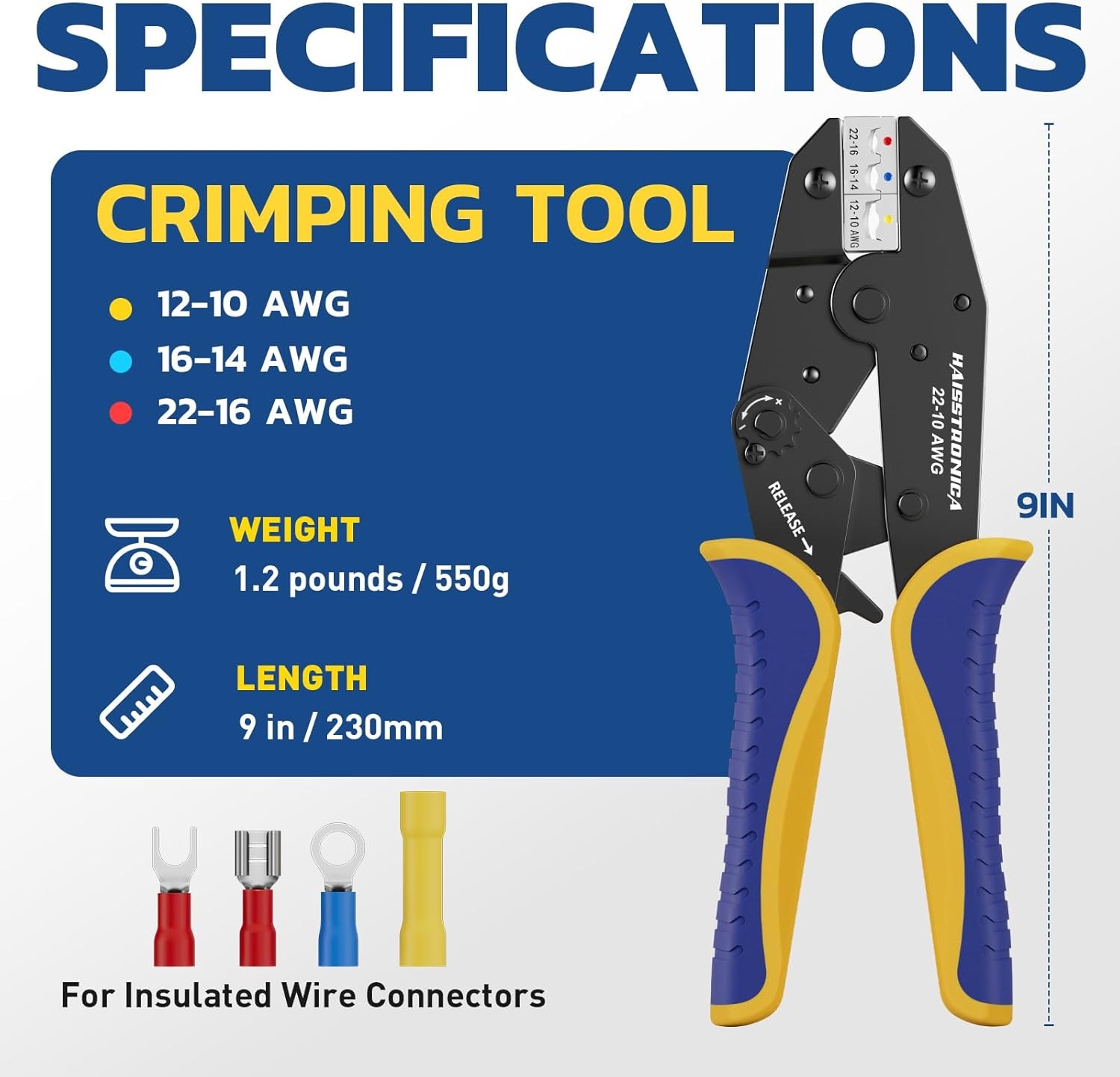 haisstronica Crimping Tool for Insulated 230 mm x 60 mm, Yellow,blue,red