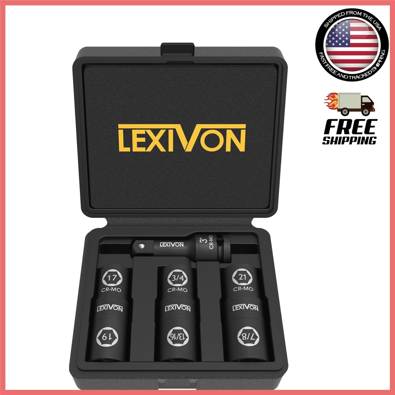 6 Lug Nut Sizes Cr-Mo Steel Impact Socket Set with Extension Bar Included