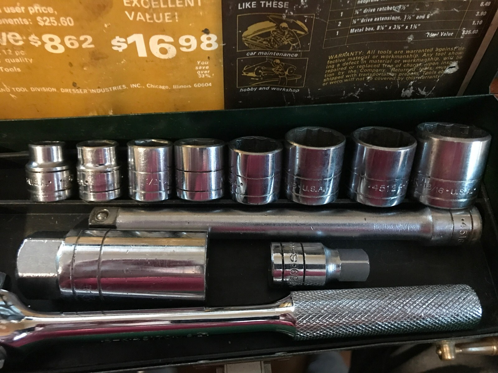 Vintage S-K SK Tools- 3/8” Drive Socket Set #4512 w/ 12 Pieces & Metal Case USA!