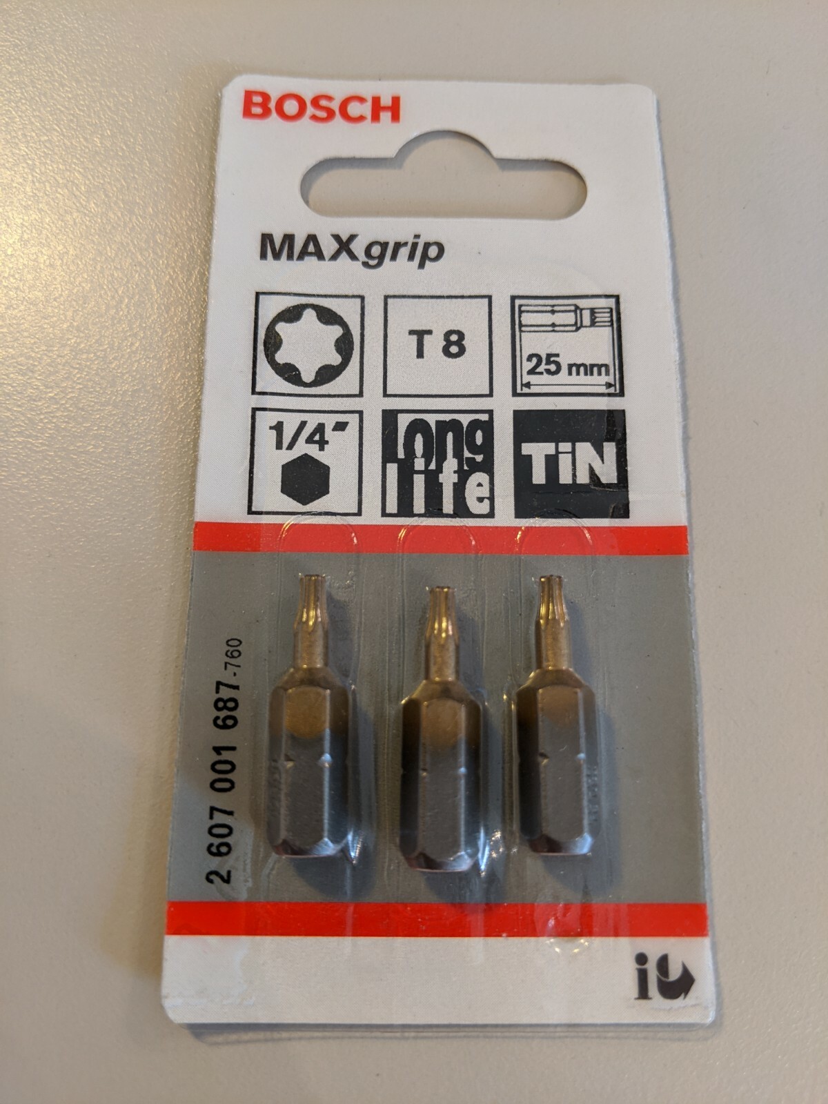 BOSCH T8 MAXgrip Torx Screwdriver Bits x 3 23mm long, 1/4″ 2607001687 9Available