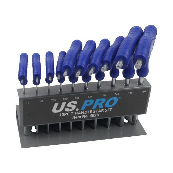 US PRO 10pc T-Handle Torx Key Set | Long Star Wrenches T9–T50 + Storage Rack