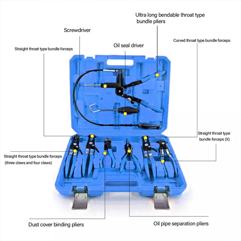 Automotive Flexible Hose Clamp Clip Pliers Kit Swivel Jaw Flat Angled Band Tool