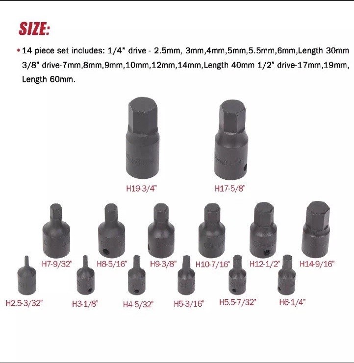 14Pcs 1/4,3/8 And 1/2 Inch Driver Metric Allen Bit Impact Socket Set Cr-Mo Steel