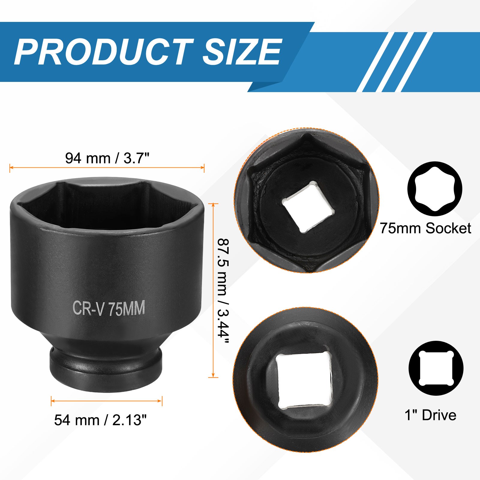 1 Inch Drive 75mm 6 Point Impact Socket Chromium Vanadium Steel