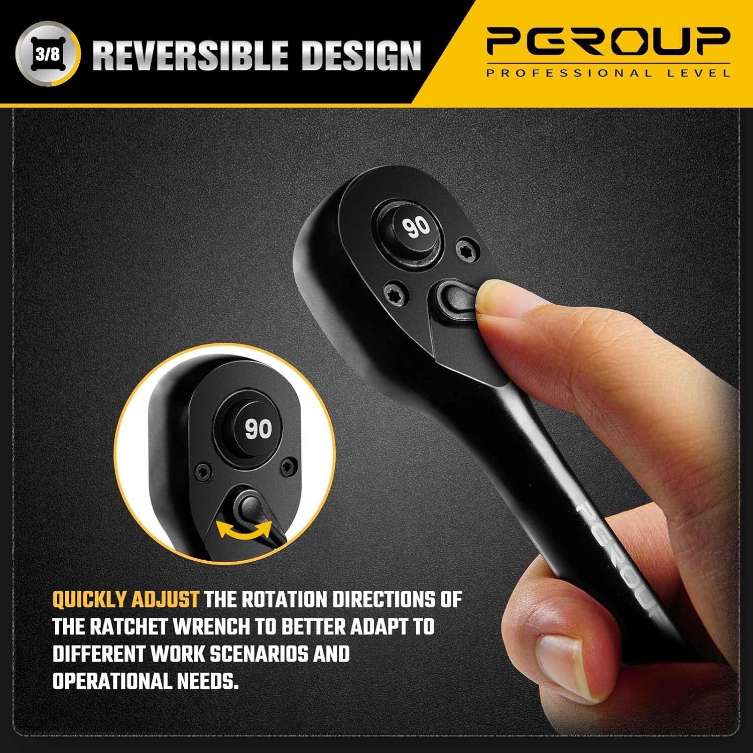 3/8″Drive 90 Tooth 4-Degree Swing Reversible Ratchet with Ergonomic Rubber Hand