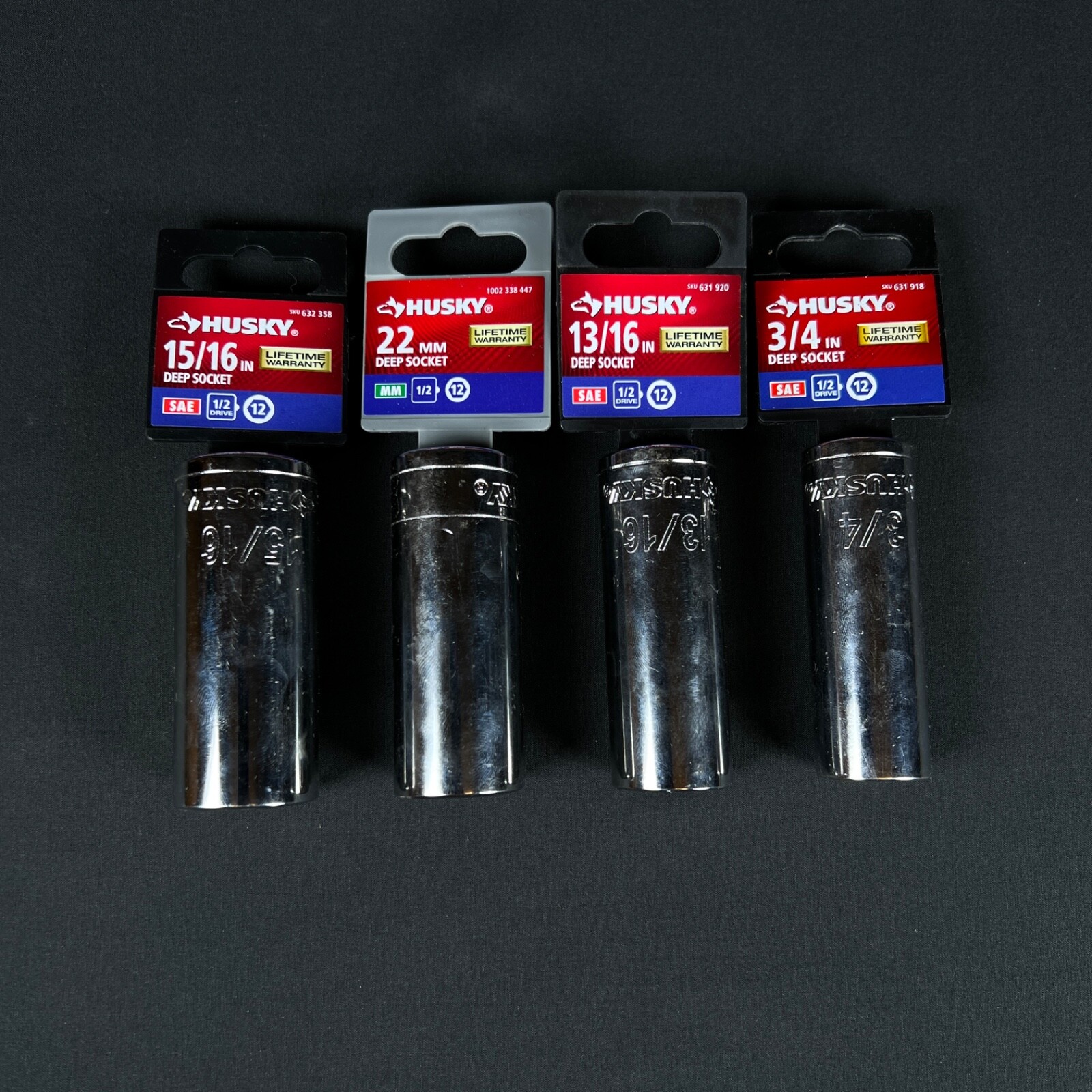 4pc HUSKY DEEP SOCKET 15/16in 22mm 13/16in 3/4in tools tool new sockets
