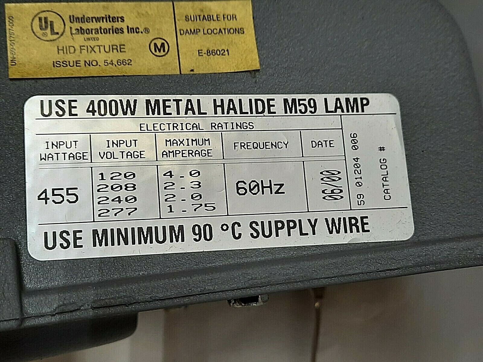 GENYTE METAL HALIDE M59 LAMP, 400W, 60 HZ, 120/277V PP400MA-8