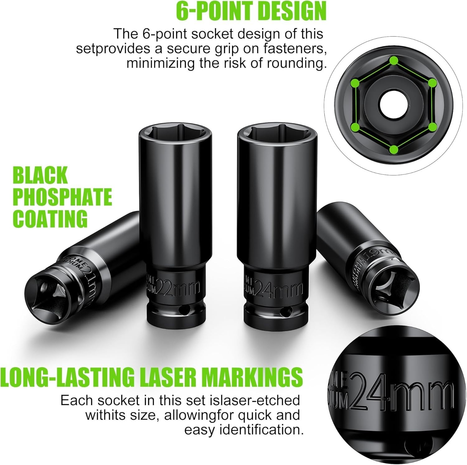Deep Well Impact Socket Set 1/2″ Drive Metric 10mm-24mm 6 Point Sockets 10-PC