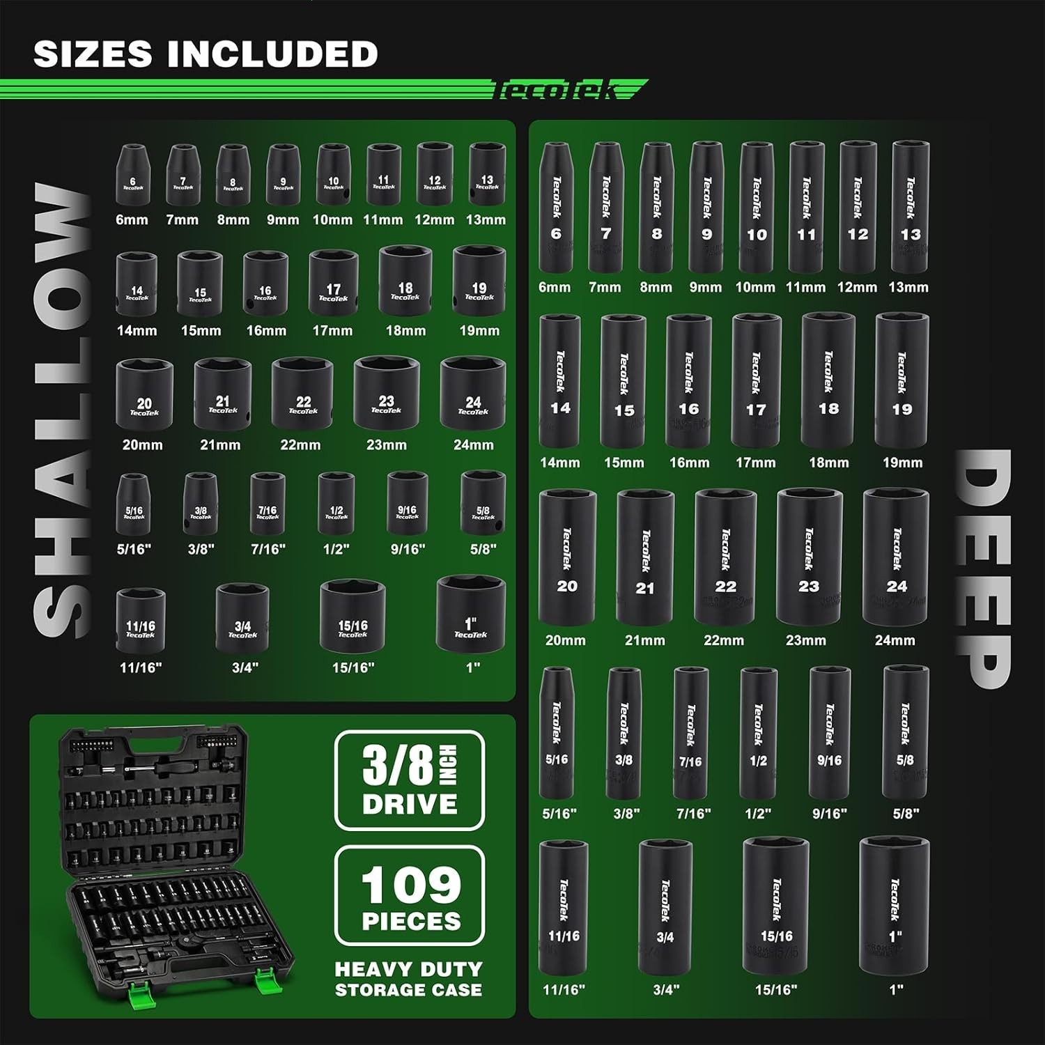 109PCS 3/8″ Drive Impact Socket Set SAE Metric Deep Shallow 6 Point Tool Kit
