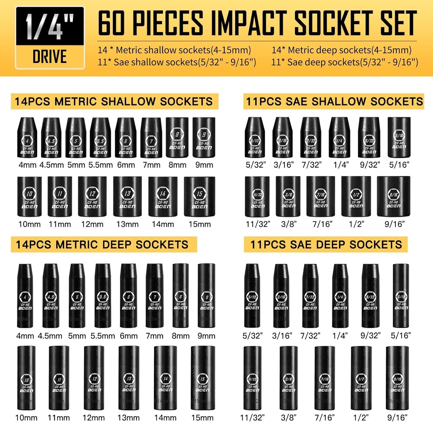 1/4 Drive Impact Socket Set 60PC SAE Metric Cr-Mo Deep Shallow Ratchet Kit