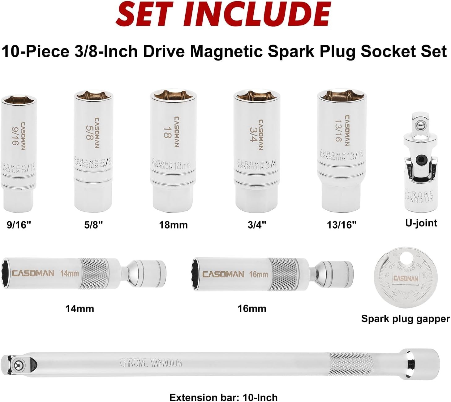Universal Joint & Spark Plug Gapper Set, Magnetic Tip, 10PC