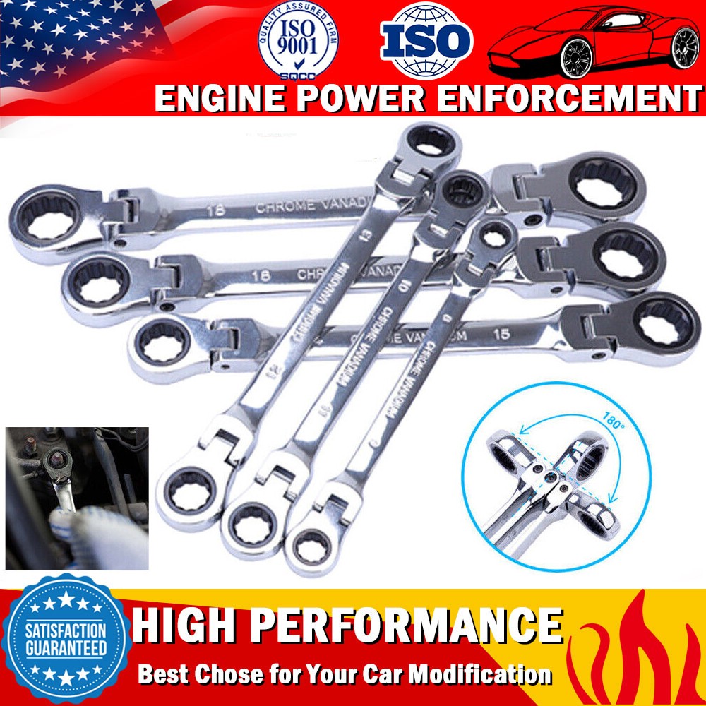 6PCS Extra Long Flexible Head Double Box Ratchet Ring Spanner Wrench Set 8-19mm