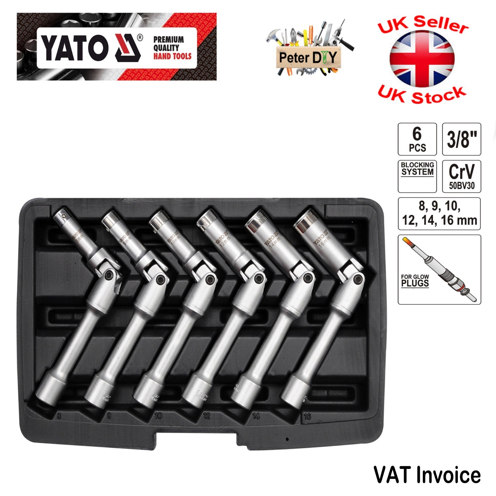 6 Pcs GLOW PLUG Socket Set 3/8″ Sizes 8-16 mm Universal Joint YATO YT-0534