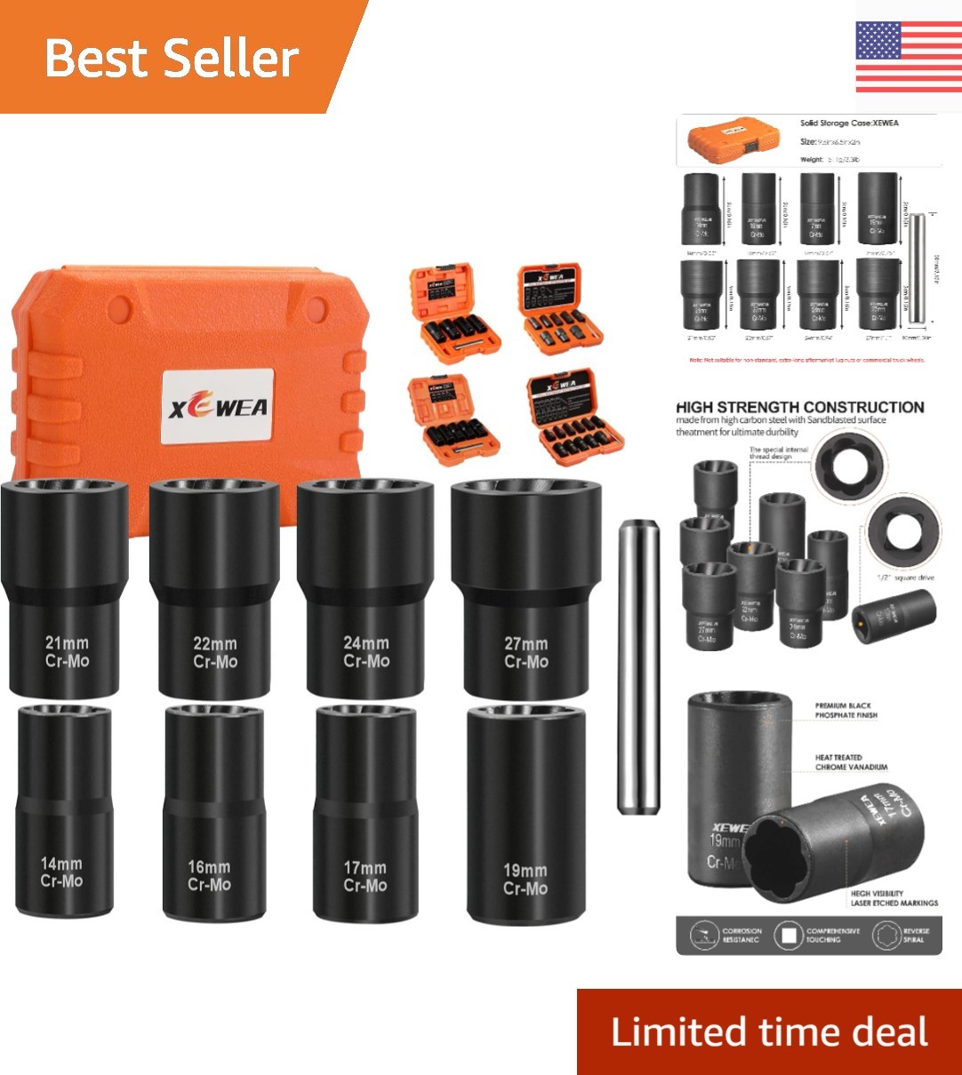 9PCS Lug Nut Extractor Set, 1/2″ Drive Impact Bolt Nut Remover Socket Tool, W…