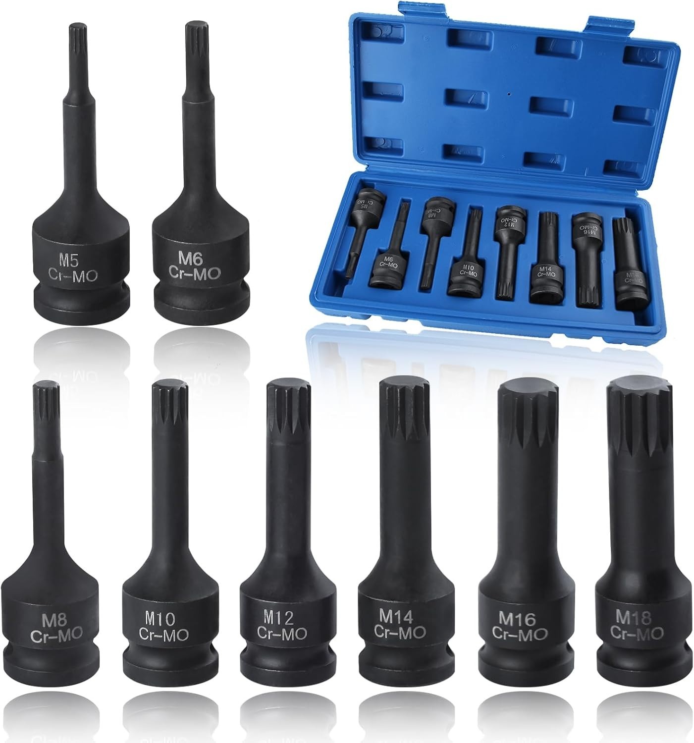 1/2″ Drive Impact Bit Socket Set – Triple Square Spline (Torx) 5mm-18mm – Long