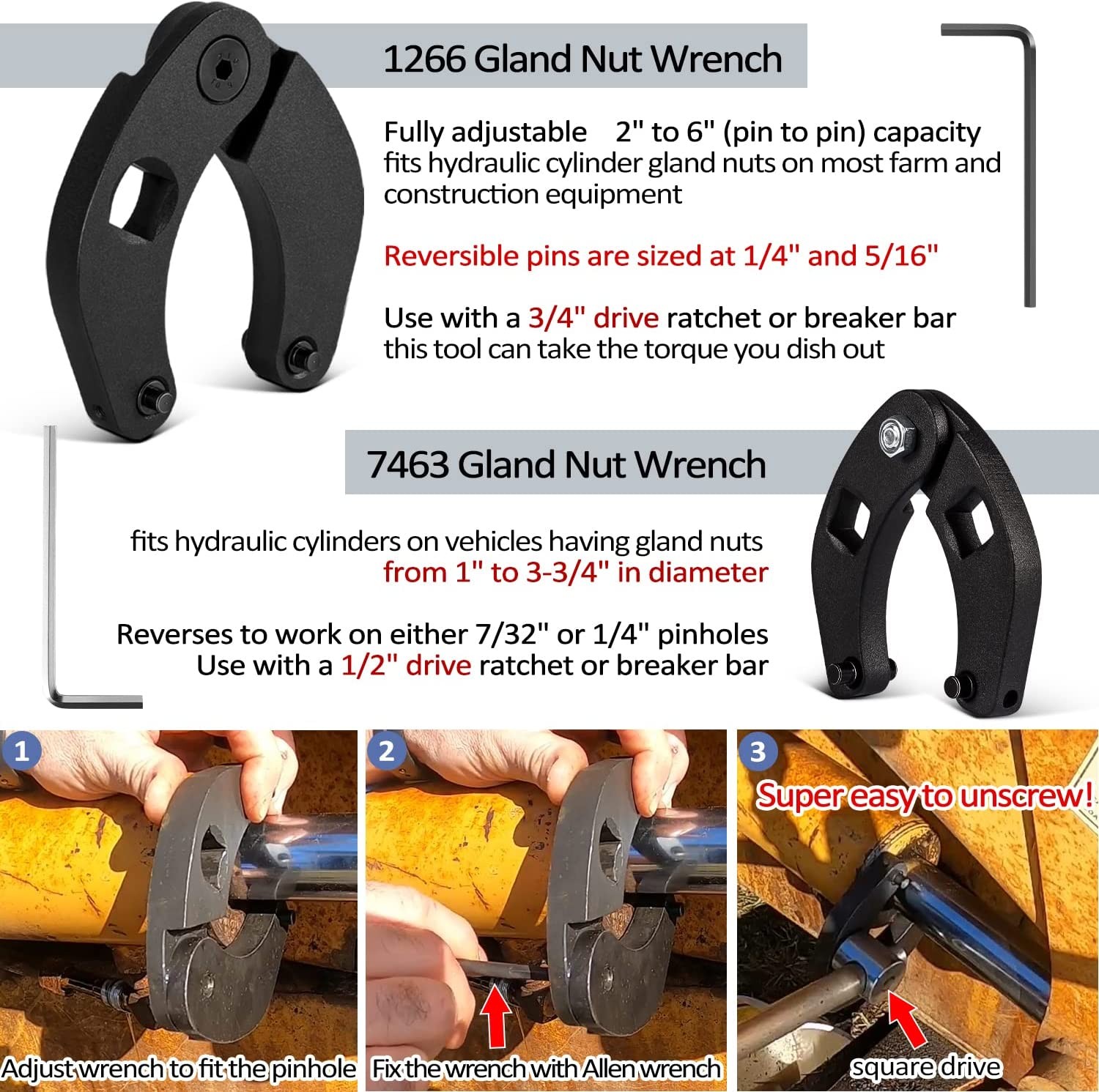 Hydraulic Cylinder Repair Tools Rod Gland Wrench Seal Installer for Skid Steers.