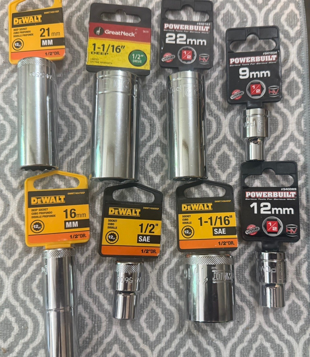 Lot of 1/2 inch drive Sockets NEW – 8 total standard and metric