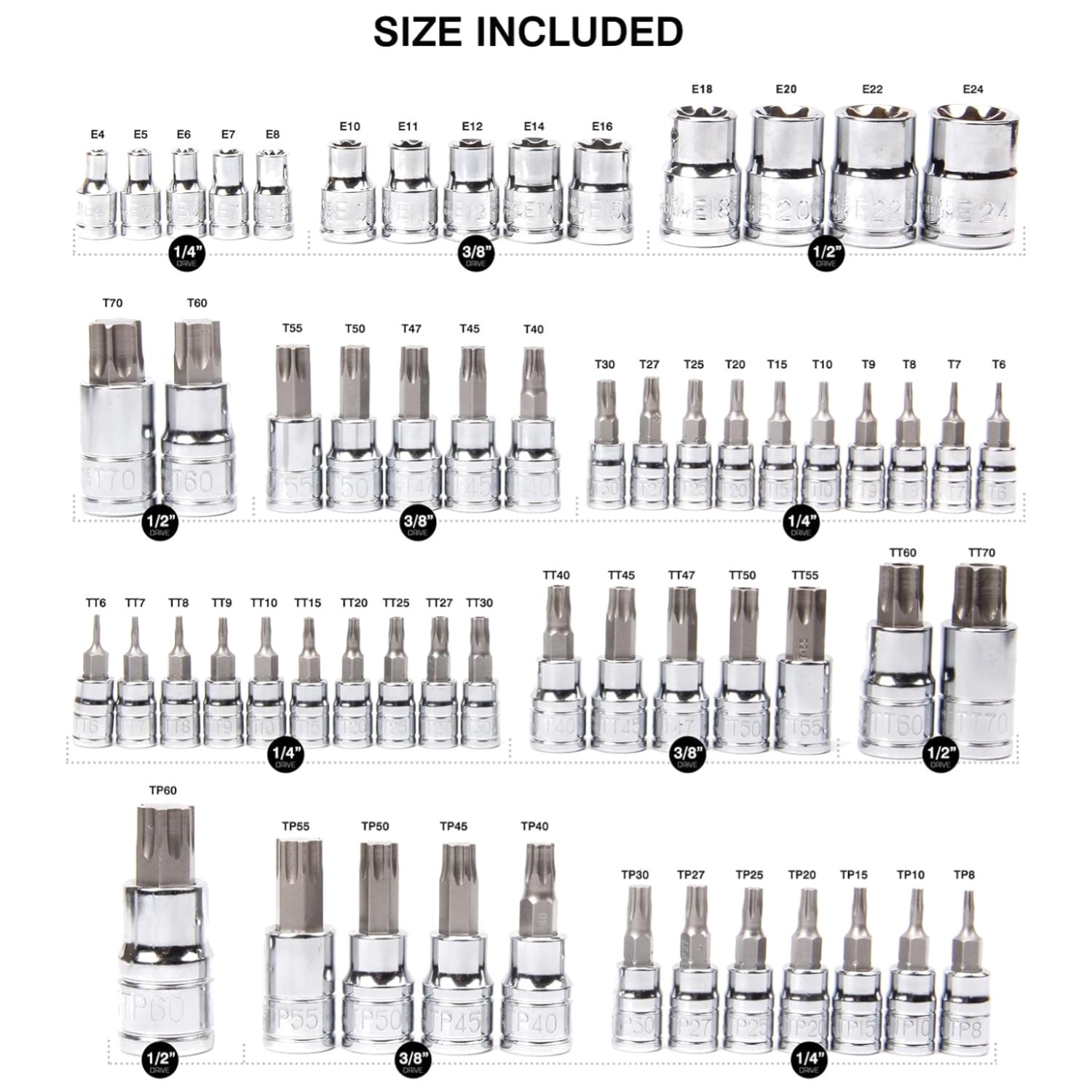 Pro-Grade Torx Bit Socket Set, S2 Steel, Chrome Finish