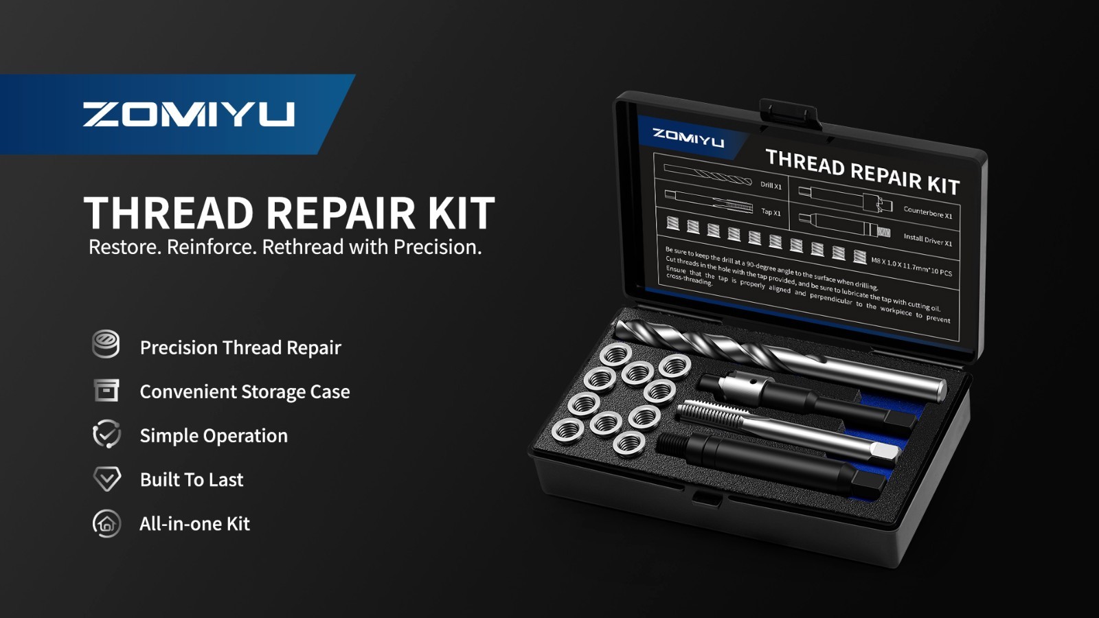 M11x1.25 Metric Thread Repair Kit – HSS Drill, Tap, Counterbore & 10 Inserts