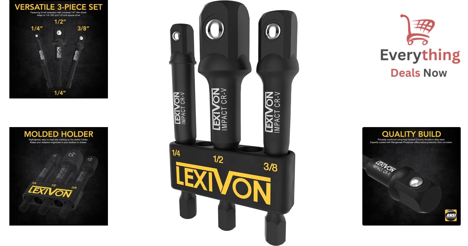 3pc Impact Grade Socket Adapter Set 1/4″ 3/8″ 1/2″ Hex Shank Drill Driver Extend