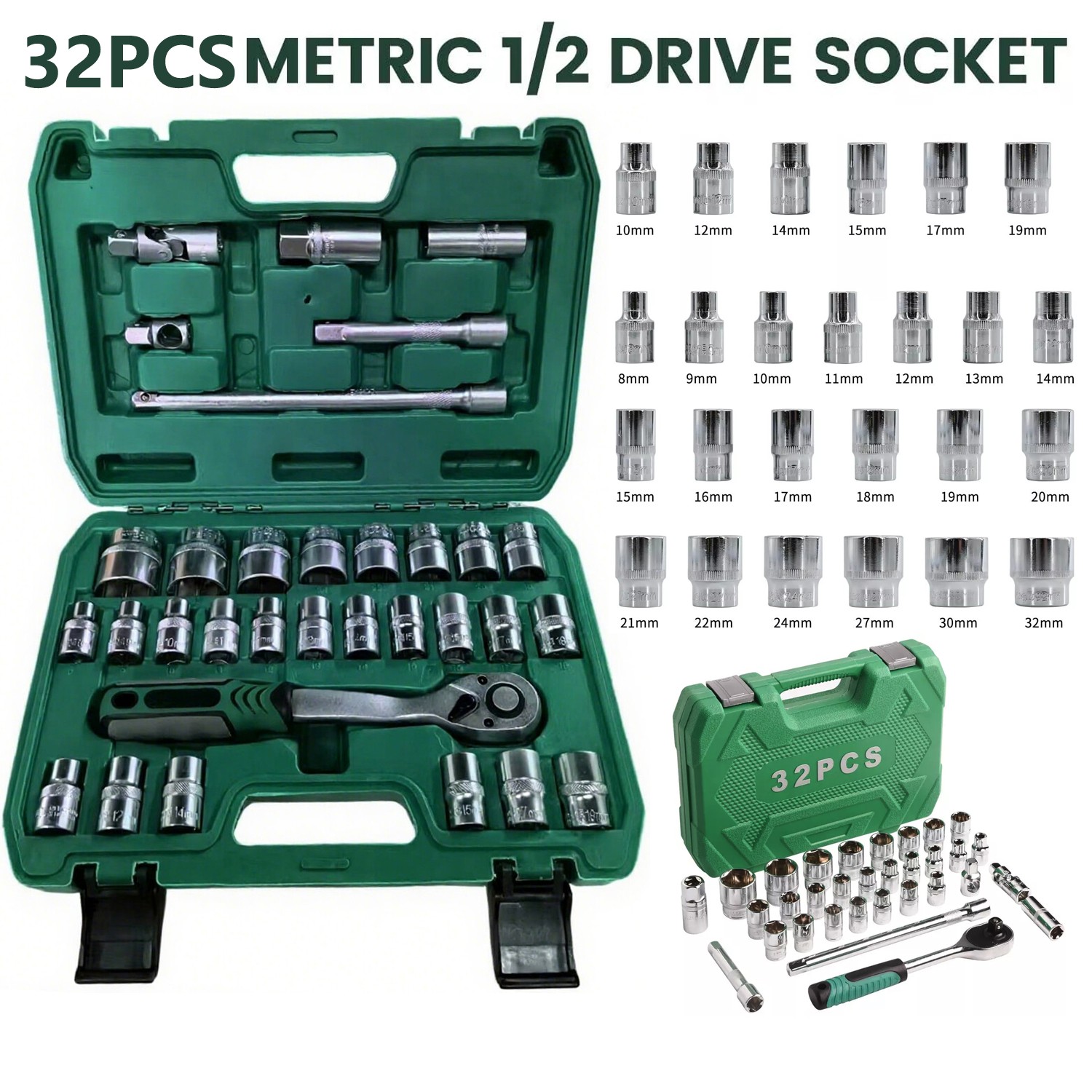 8-32mm Sockets 6/12 Point Ratchet Wrench Kit 32 Pcs 1/2″ Drive Socket Set Metric