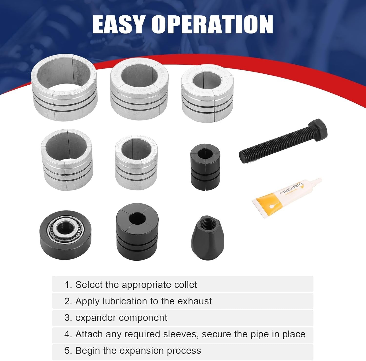 Muffler Pipe Spreader Tool Set for Enlarging Exhaust Pipes 1-5/8 to 4-1/4 Inches