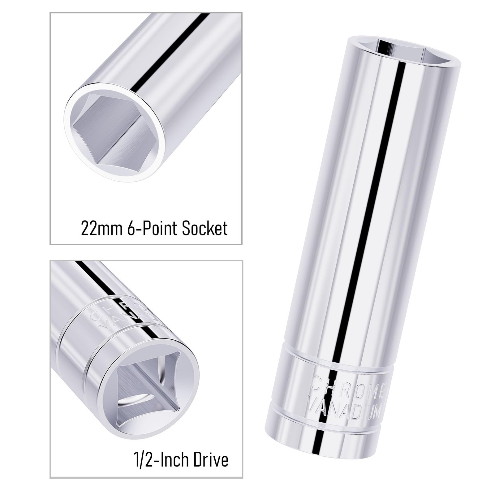 22mm Deep Socket 1/2 Inch Drive 6point Metric Heat Treated Crv Steel Sockets Ful