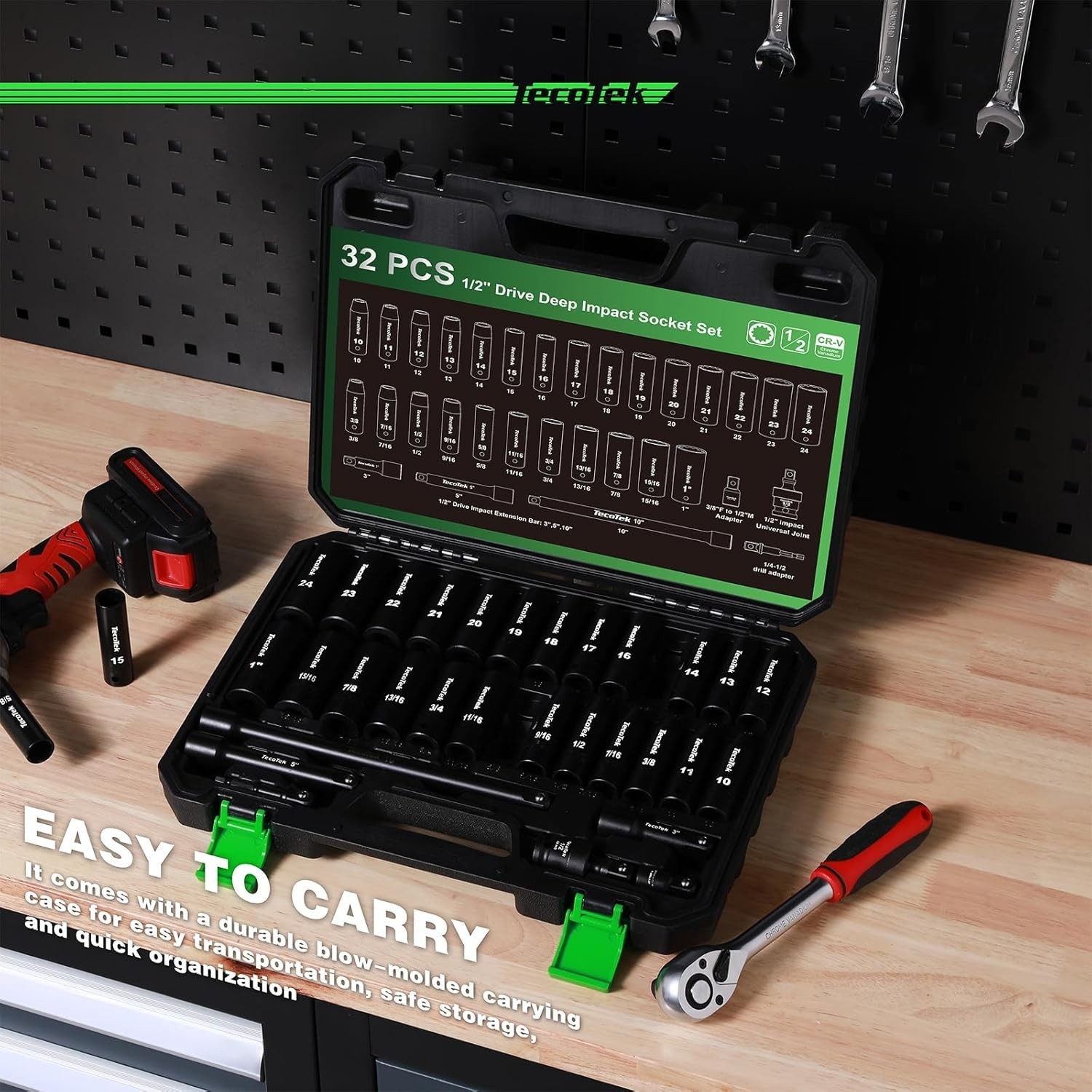 1/2″ Drive Deep 12-Point Impact Socket Set, 32-Piece Socket Set, SAE 3/8-1-In…