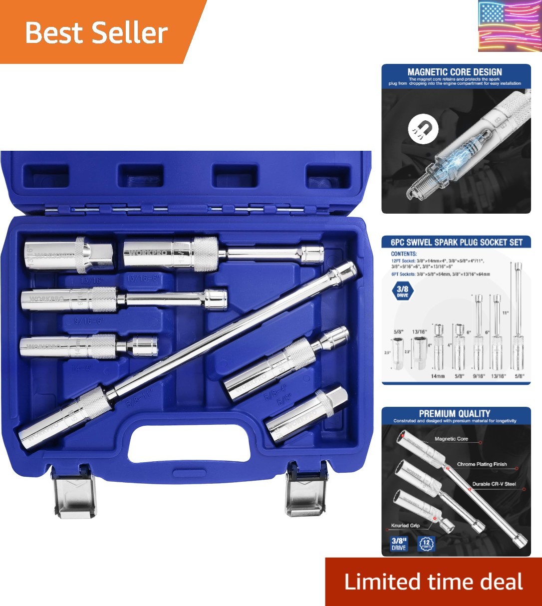 7-PC Magnetic Swivel Spark Plug Socket Set – Includes 9/16in & 5/8in