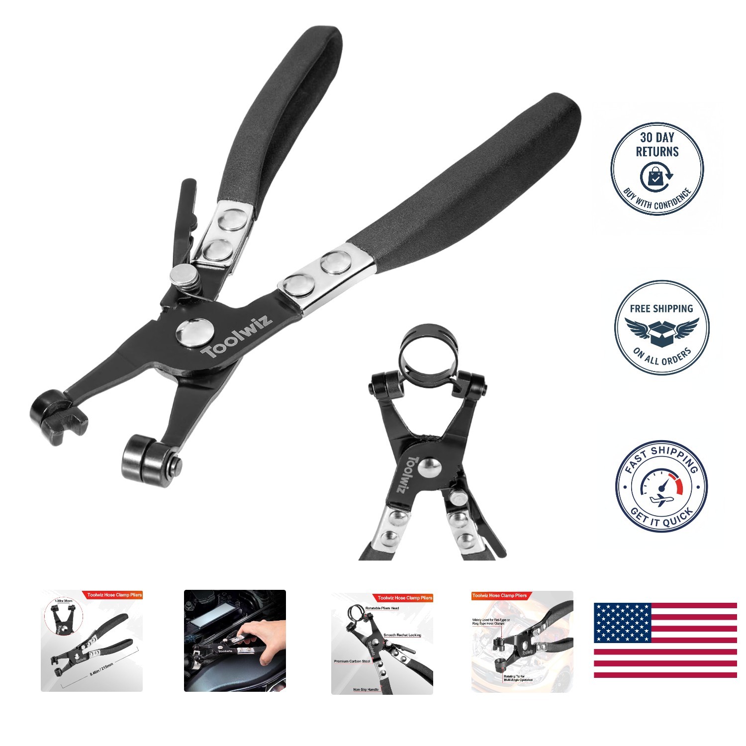 Compact Hose Clamp Pliers for Flat & Ring-Type Clamps – Black, 1.38 Inch Opening