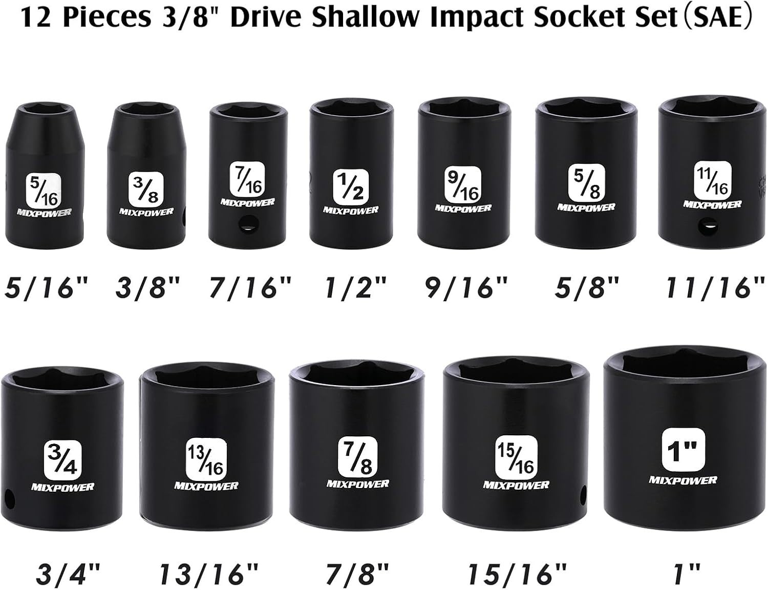 3/8-Inch Drive Shallow Impact Socket Set, 12 Pc, SAE, 6 Point, Black Phosphate