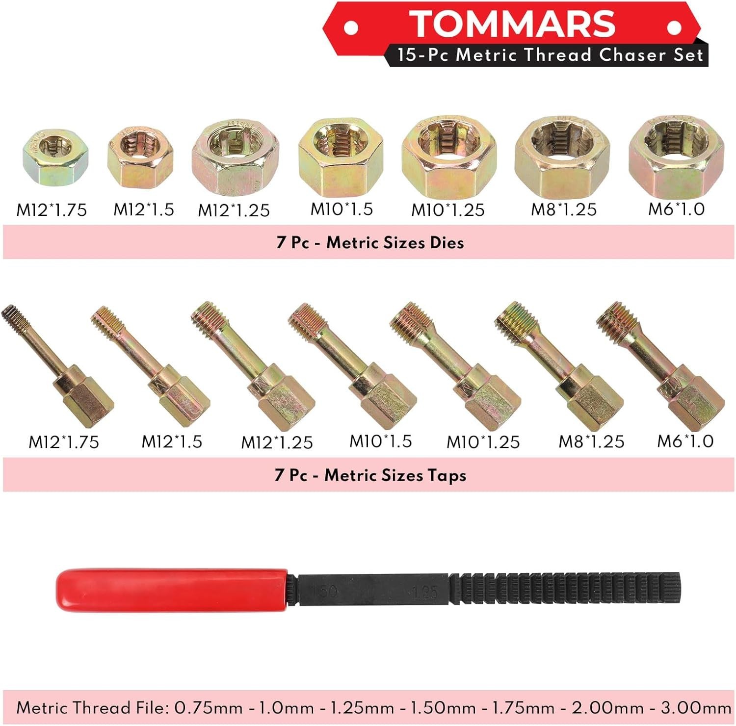 15-Piece Metric Thread Chaser Set, M6 M8 M10 M12 Thread Restorer Tool Thread Ret