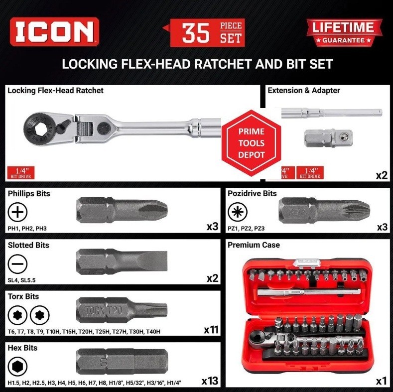 Icon Locking Flex-Head Ratchet and Bit Set, 35-Piece RXFT-35 58074