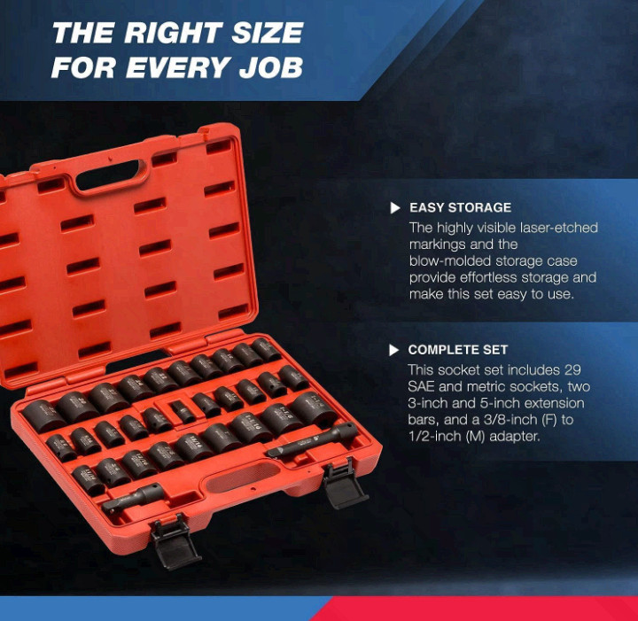 1/2in Drive Impact Socket Set 32Pc SAE & Metric Cr-V Steel 3/8–1-1/4in & 10-32mm