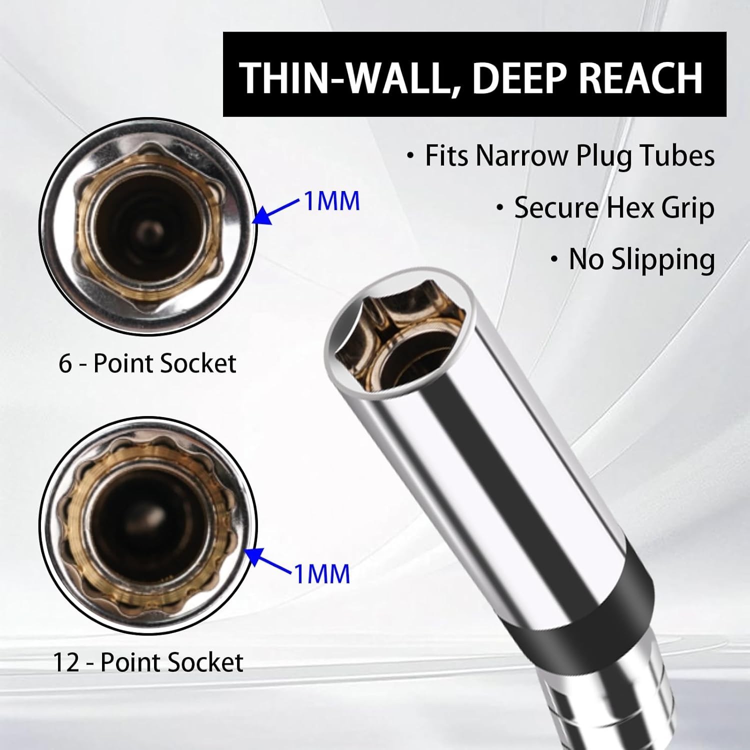 6-Piece Spark Plug Socket Set, 3/8-Inch Drive Magnetic Swivel, Thin Wall ..