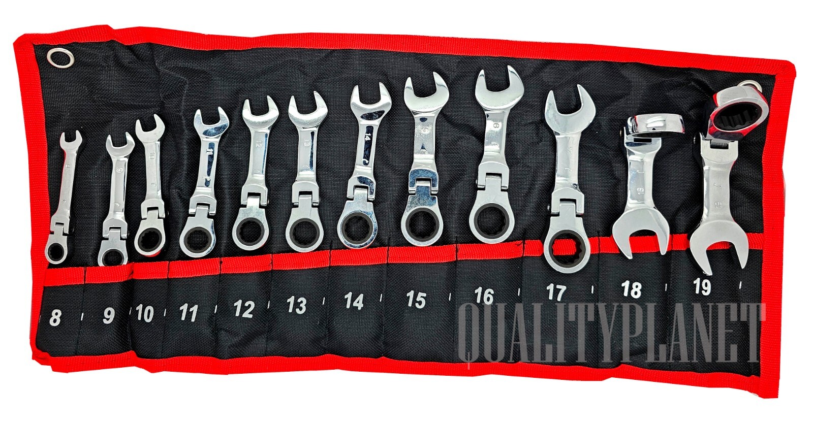 12pc STUBBY Ratchet Wrench 72 teeth Combination Metric 8-19mm 180° flex