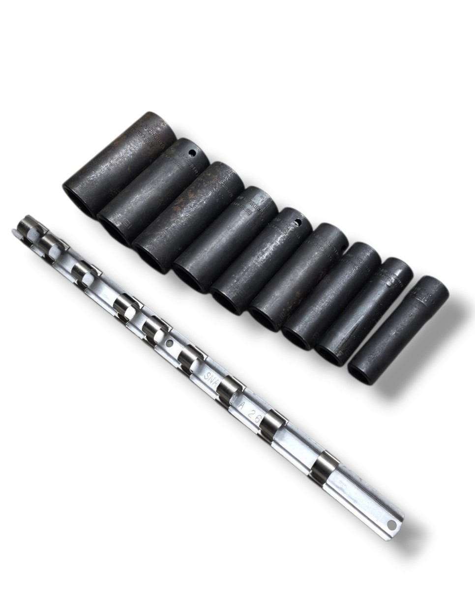 Snap-on 9 Pc 1/2″ Drive SAE Deep Impact Socket Set SIMLM160-SIMLM320 USA w/ Rail