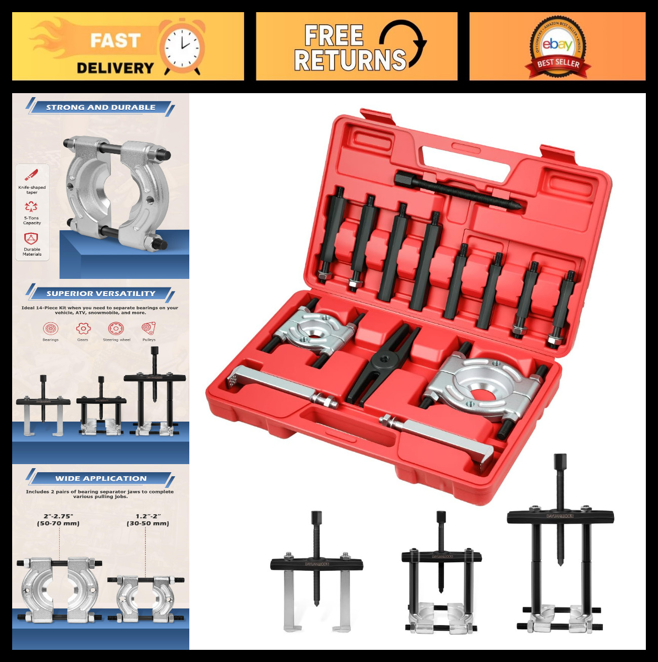 14Pcs Heavy Duty Bearing Separator Puller Set – 5 Ton Capacity, Steel Tools, Red